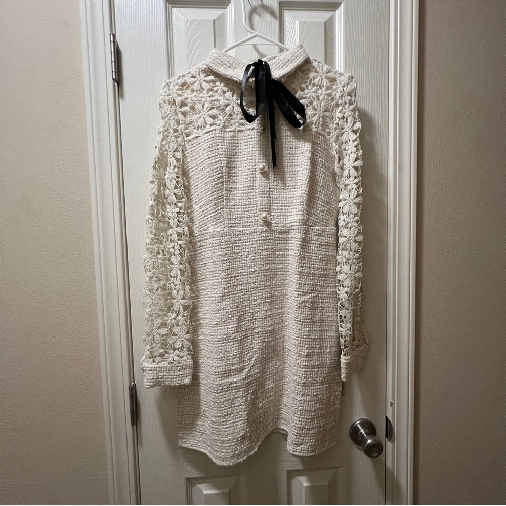 SHEIN Daisy Lace Sleeve Tie Neck Tweed Dress